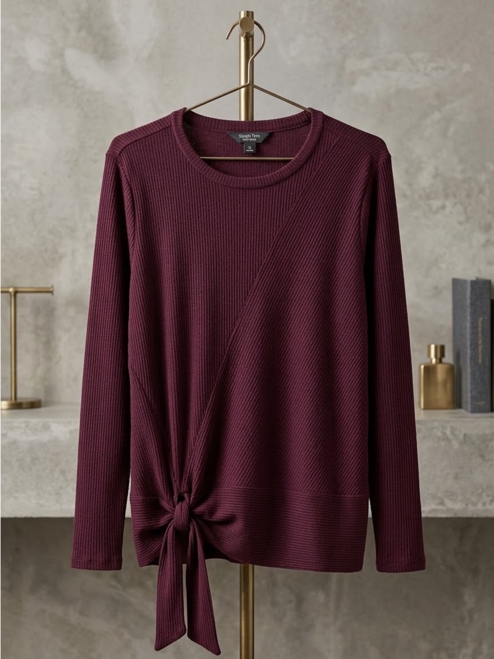 Simply Vera Vera Wang Long-Sleeve Ribbed Knot Front Top — Burgundy - Size: XL